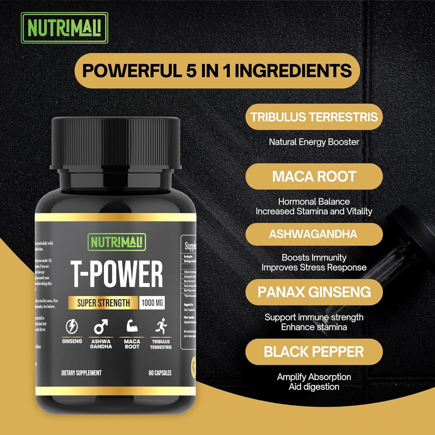 Nutrimali T-Power (Testo Supplement) | Ginseng, Maca, Tribulus Terrestris, Ashwagandha | 60 Capsules 1000Mg High Strength | Gym Supplements for Men, Energy, Stamina Booster