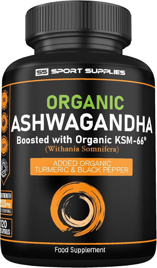 Organic Ashwagandha Capsules 1200Mg Boosted with 100Mg of Organic KSM-66 with 5% Withanolides with Added Organic Turmeric 200Mg and Organic Black Pepper - Providing 1500Mg per Serving