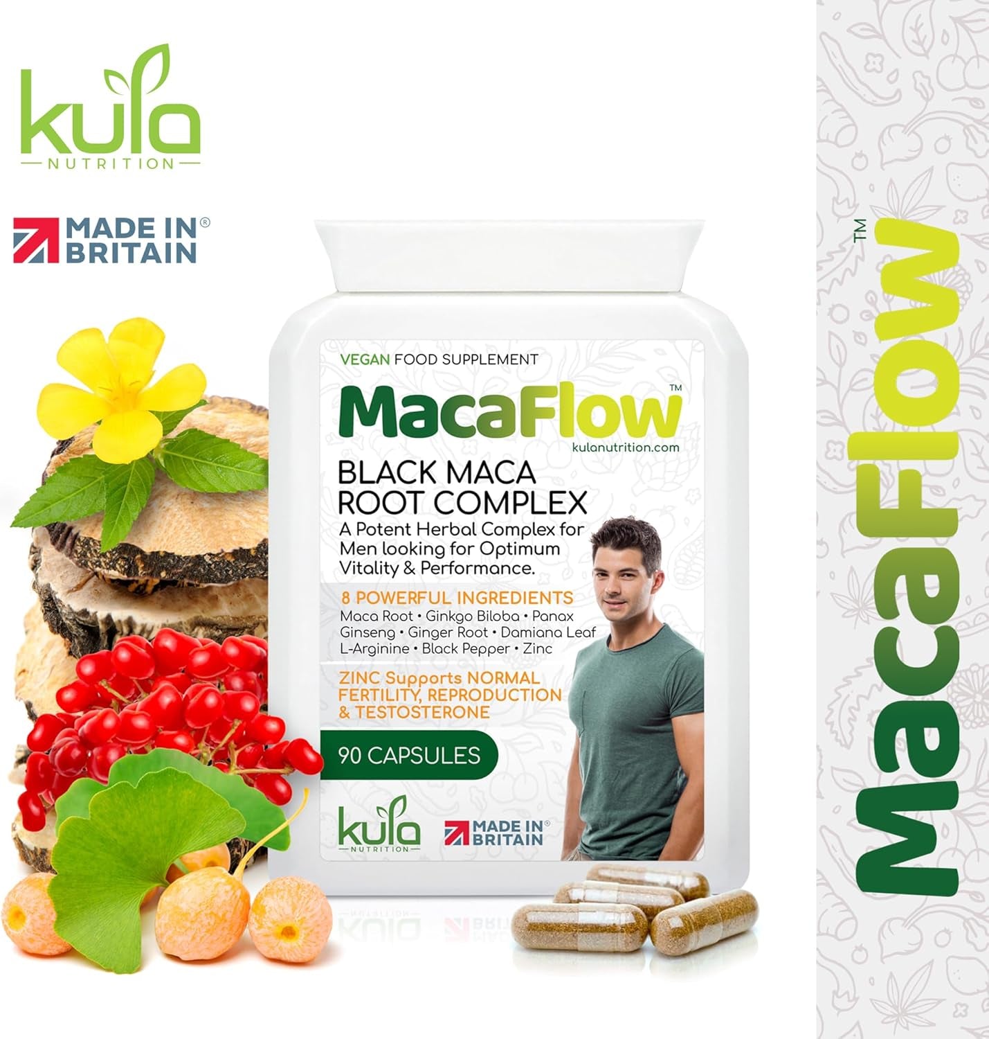 Macaflow – Black Maca Root Complex for Men - Ginkgo Biloba, Panax Ginseng, L-Arginine, Damiana Leaf Extract, Black Pepper and Zinc for Normal Fertility - 90 Vegan Capsules (Not Tablets)