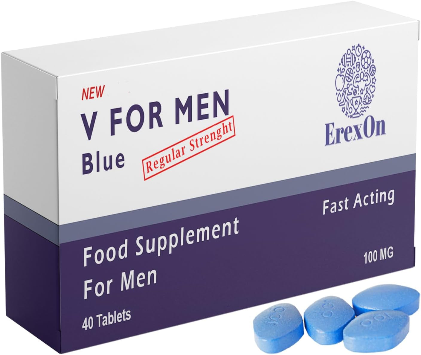 Erexon - V for Men Blue 40 Pills X 100Mg Herbal Supplement for Men - Strong Effect - Mens Health Support Tablets - Performance & Enhancement - Maca, Glycine, Korean Ginseng and Zinc