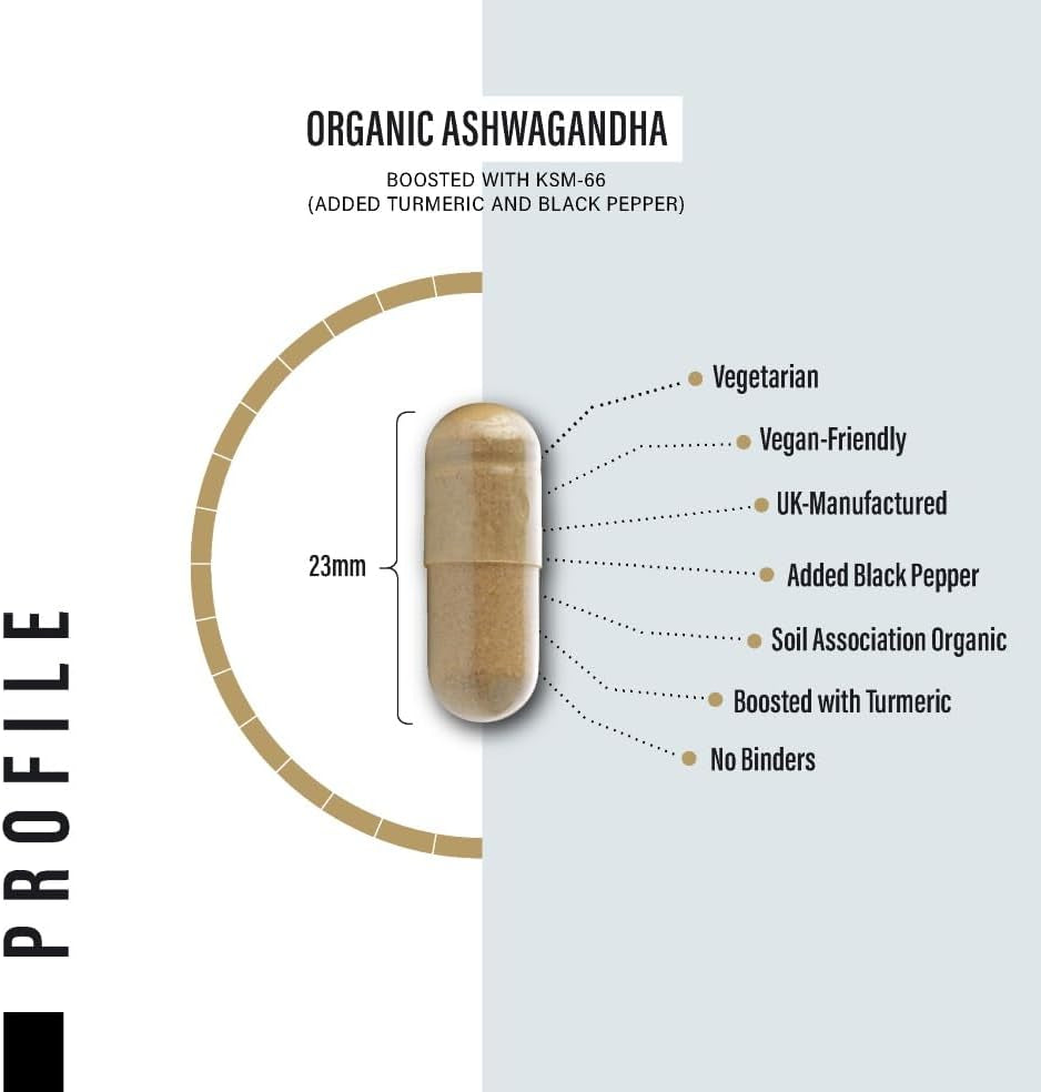 Organic Ashwagandha Capsules 1200Mg Boosted with 100Mg of Organic KSM-66 with 5% Withanolides with Added Organic Turmeric 200Mg and Organic Black Pepper - Providing 1500Mg per Serving