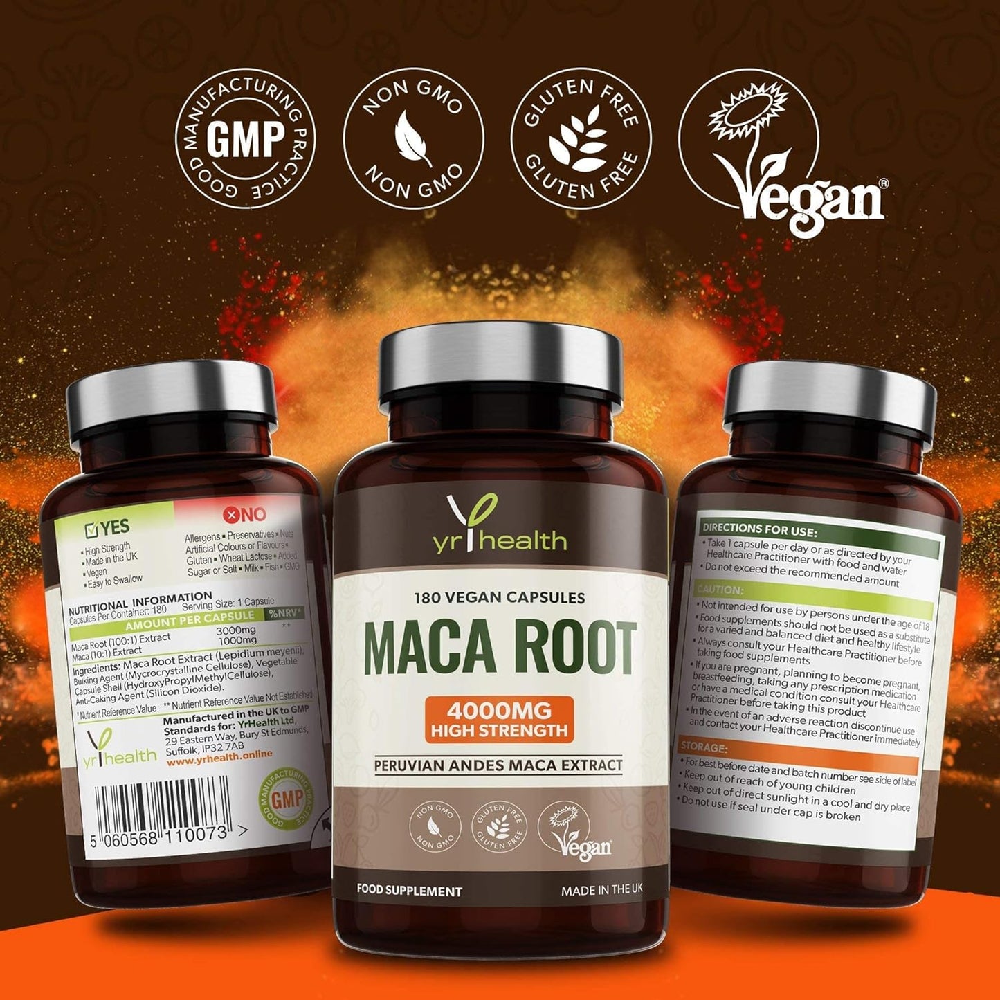 Maca Root Capsules 4000Mg, 180 Vegan High Strength Peruvian Black Maca Extract Capsules, Natural Booster, Sexual Health Supplement for Men and Women - Made in the UK by Yrhealth