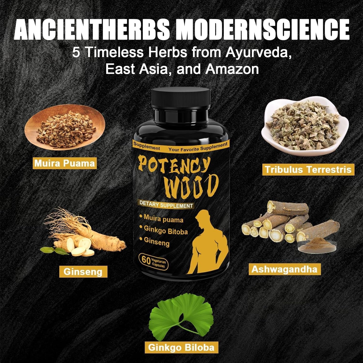 Potency Wood Ginseng Gingko Tribulus, Herbal Supplements,Natural Herbal Supplements,Adaptogen Energy Stamina Immune Antioxidants Gut Health, Energy, Focus Supplement,Supports Digestive Health (1)