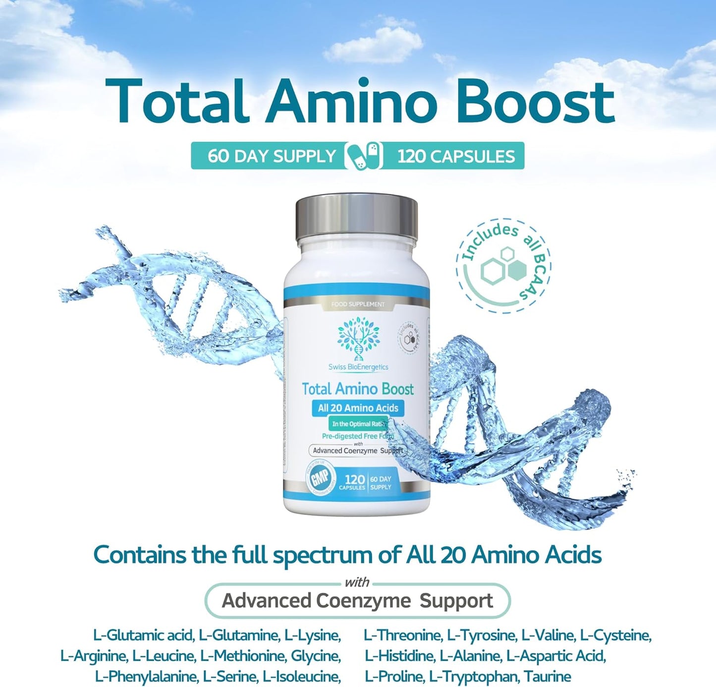 Total Amino Boost - Full Spectrum - All 20 Amino Acids Including All Bcaas -120 Vegan Capsules with Free Form Pre-Digested Amino Acids with Advanced Coenzyme Support. No Additives - UK Made