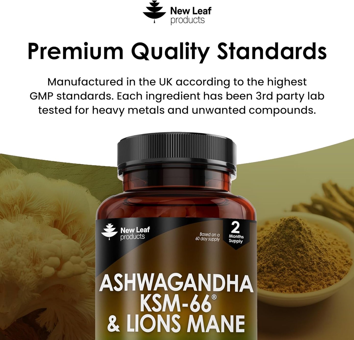 Ashwagandha KSM-66 and Lions Mane Capsules - High Strength 2000Mg KSM-66 Ashwaghandha Root Extract and Lions Mane Mushroom Extract - 120 Vegan Capsules with Black Pepper - UK Made by New Leaf