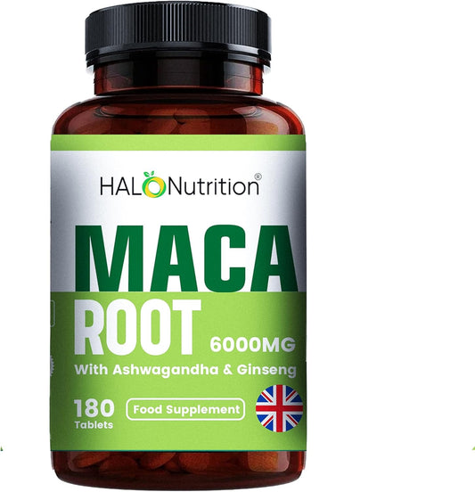 Maca Root Tabelts with Ashwagandha and Ginseng -180 High Strength 6000Mg Maca Root + Ashwagandha+ Ginseng & Black Pepper Tablets | 6-Month Supply Vegan | High Potency |Made in the UK