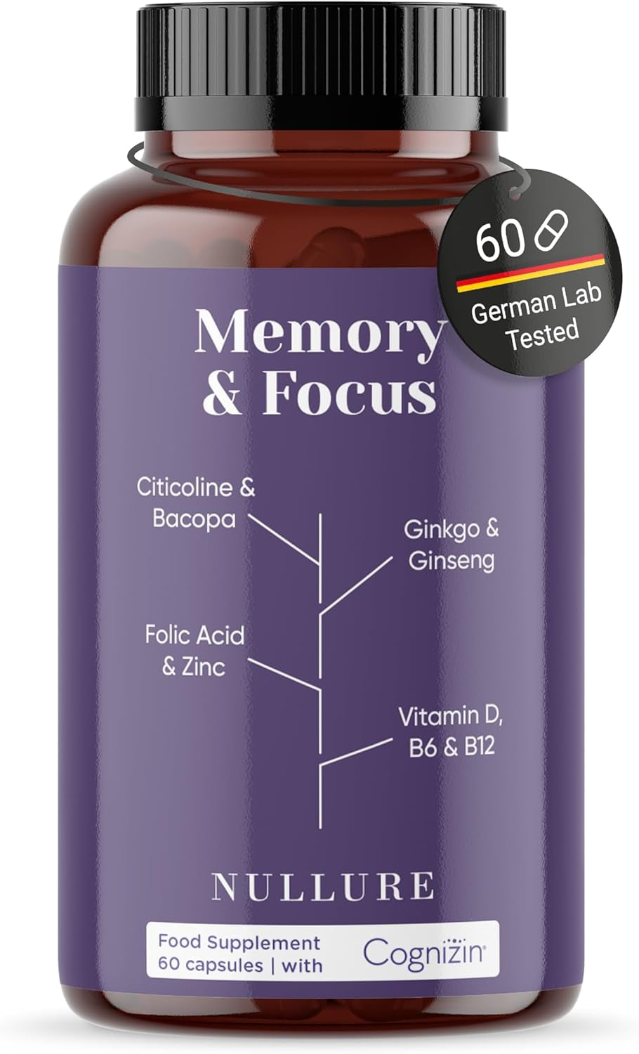 Memory & Focus | Nootropic Brain Supplement | Concentration · Energy · Focus | Citicolin COGNIZIN + Ginkgo Biloba 6000Mg + Bacopa Monnieri + Ginseng | Caffeine Free | 60 Capsules