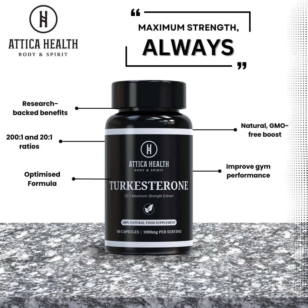 Attica Health Turkesterone 1200Mg Serving 60 Capsules | Maximum Strength 20% | for Muscle Growth, Gym Supplement for Men | 100% Natural