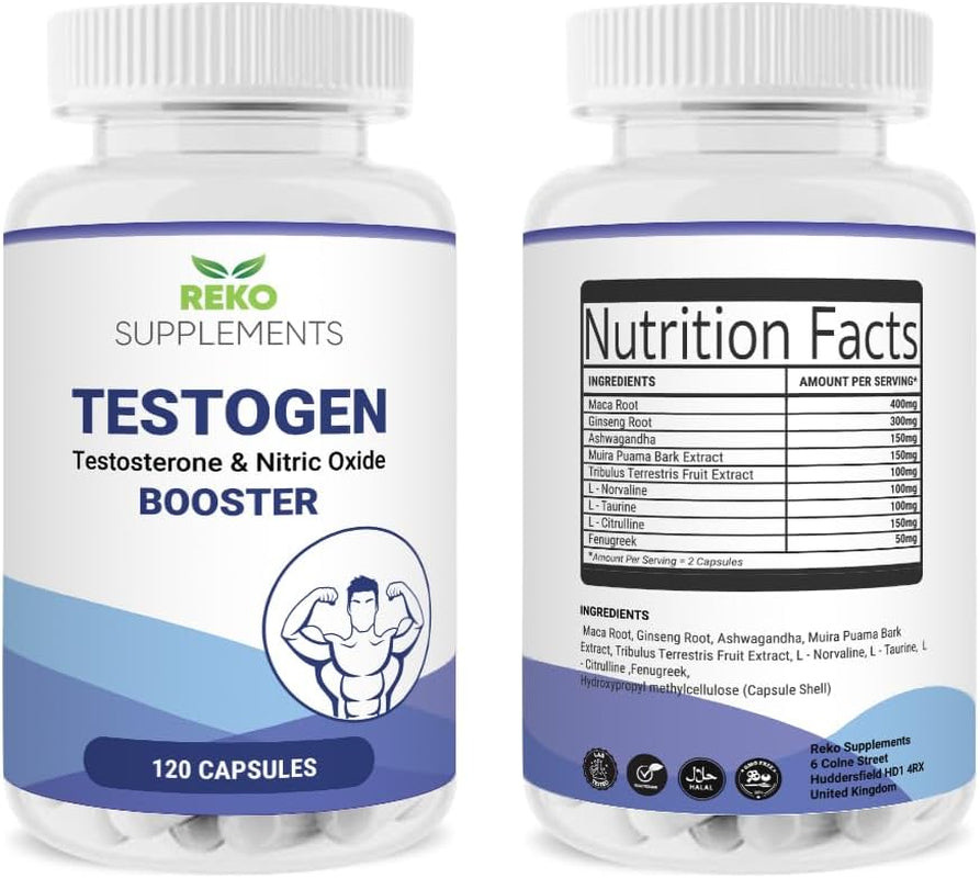 Reko Supplements Testogen, Maca Root, Ginseng, Tribulus Terrestris, L-Citrulline, L-Taurine, Ashwagandha,120 Capsules High Strength, Gym Supplements