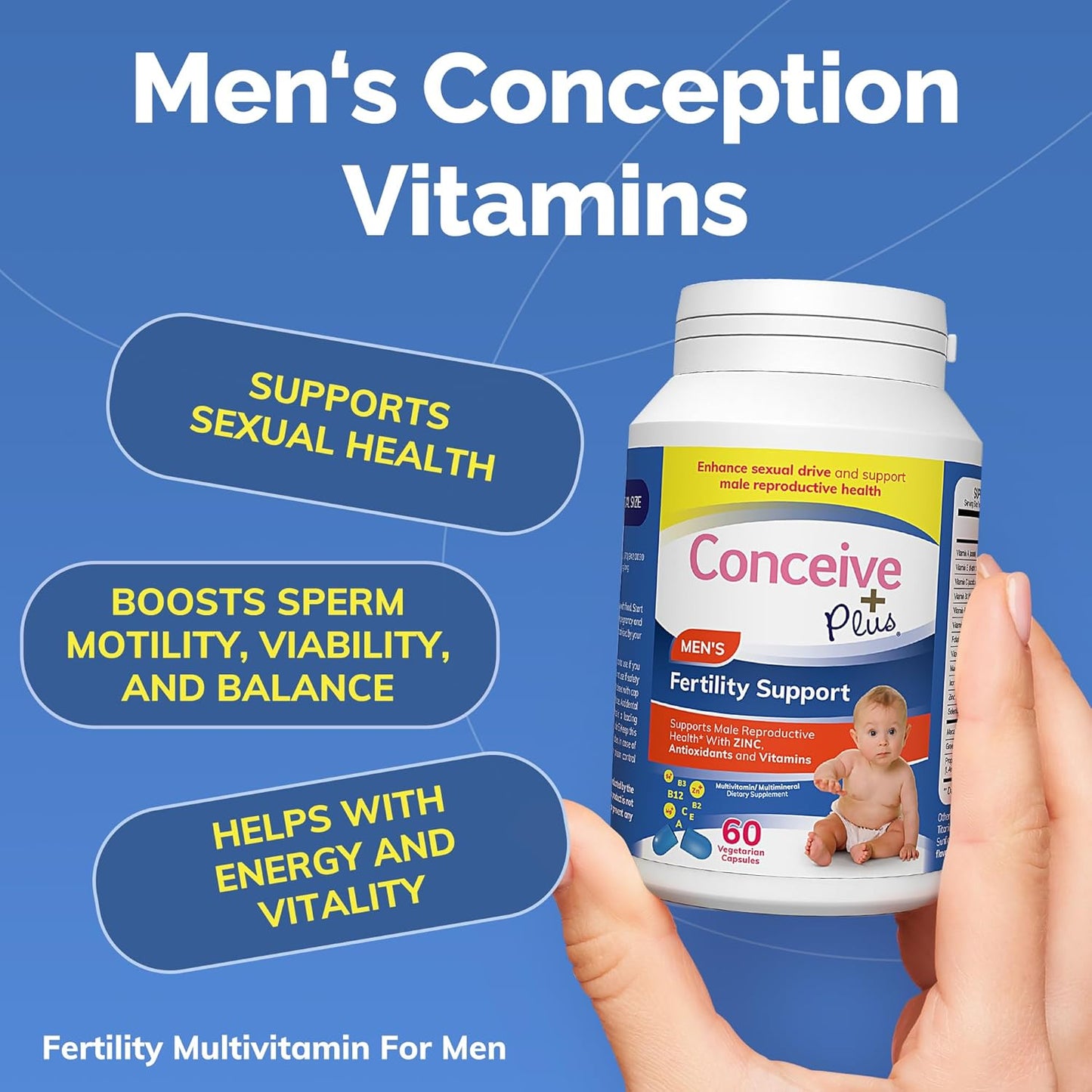 CONCEIVE plus Male Fertility Supplements - Boost Sperm Count, Motility & Libido - Maca Root, Folic Acid, L-Arginine, Zinc & Magnesium - Multivitamin for Men’S Health & Fertility Support, 60 Caps