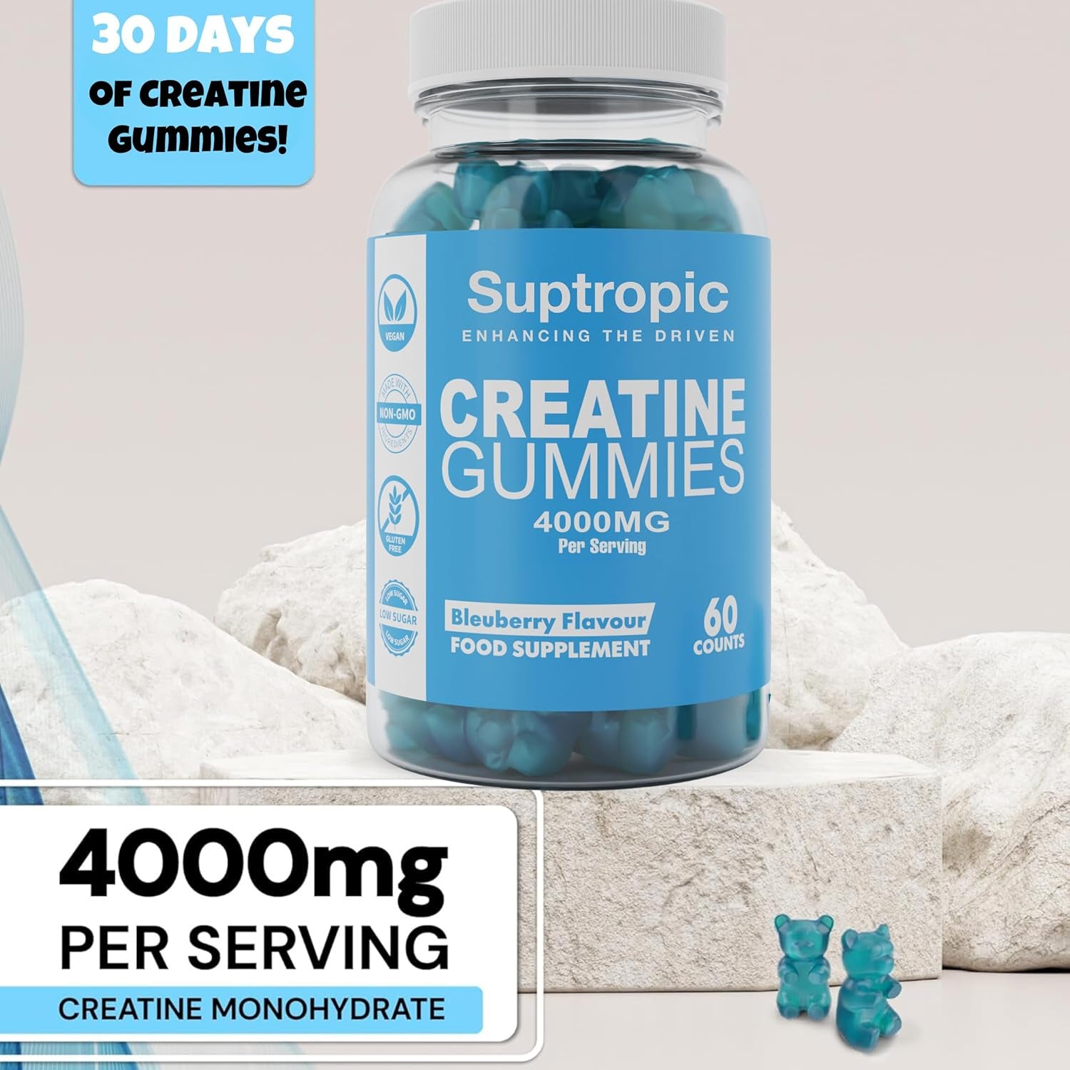 60 Creatine Monohydrate Gummies, 4000Mg, Men & Women - Chewable Creatine Gummies (30+ Days) - Natural Blueberry Flavoured Creatine, Pre Workout Gym Supplement, Suitable for Vegans, by Suptropic