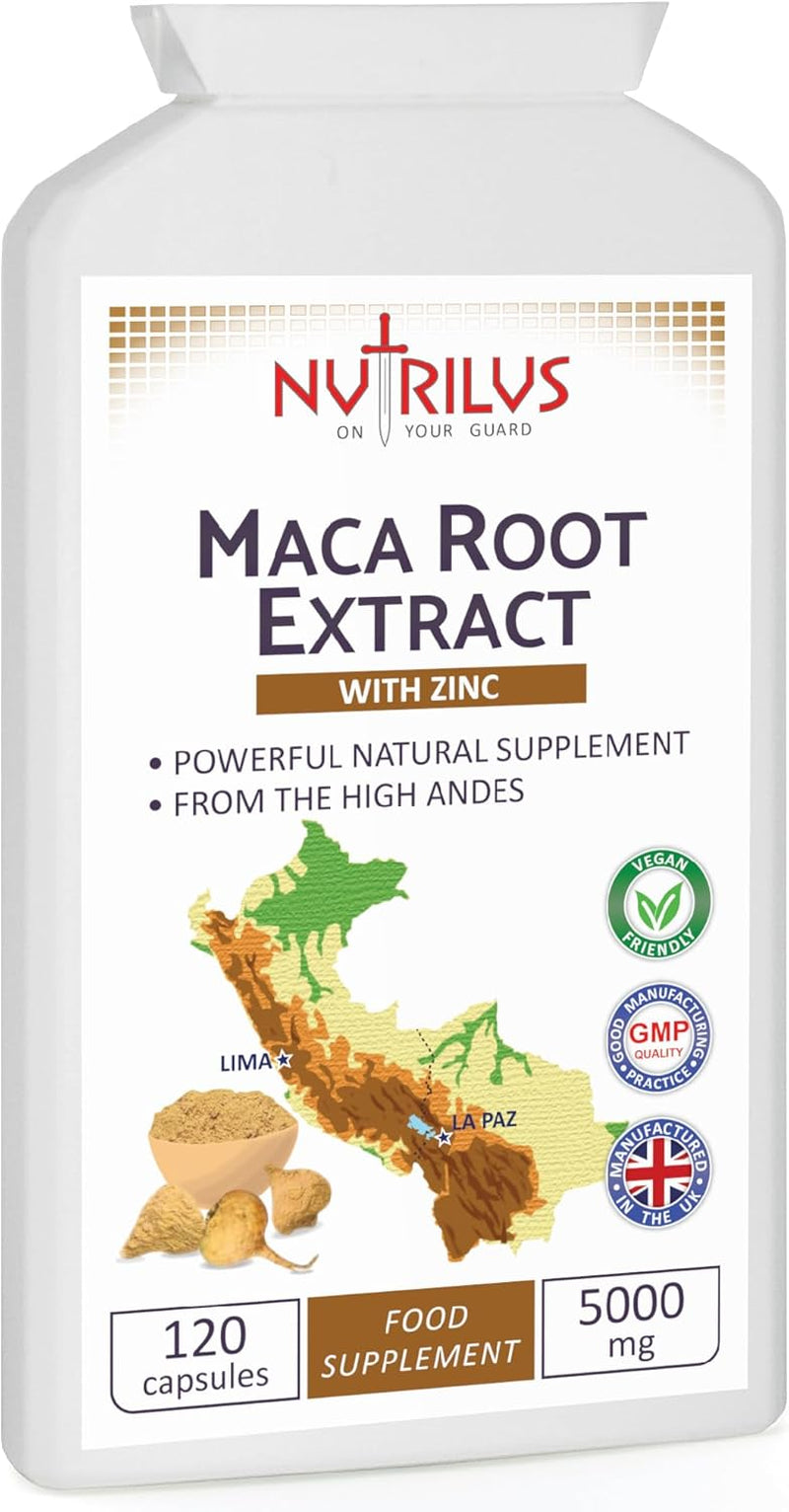 Maca Root Extract 120 Capsules 5000Mg - with Zinc - High Strength Supplement - One Daily - Energy and Performance - for Men and Women