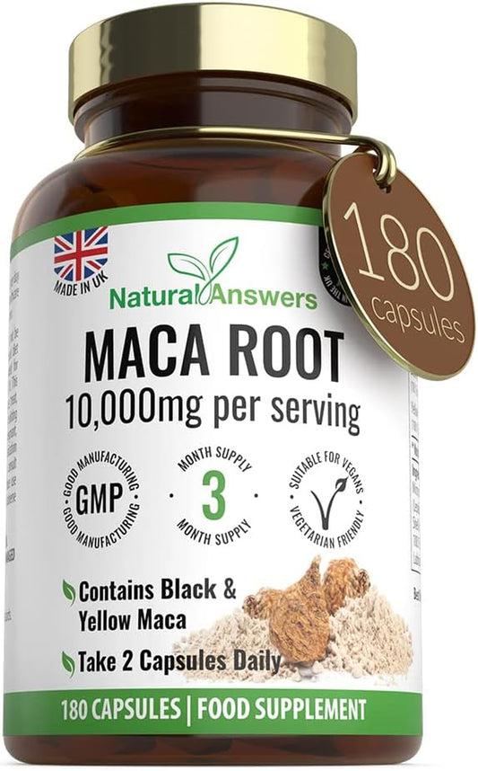 180 Maca Root Capsules - (3 Months Supply) Vegan 10,000Mg Maca Capsules - High Strength Peruvian Black & Yellow Maca Root - Made in the UK