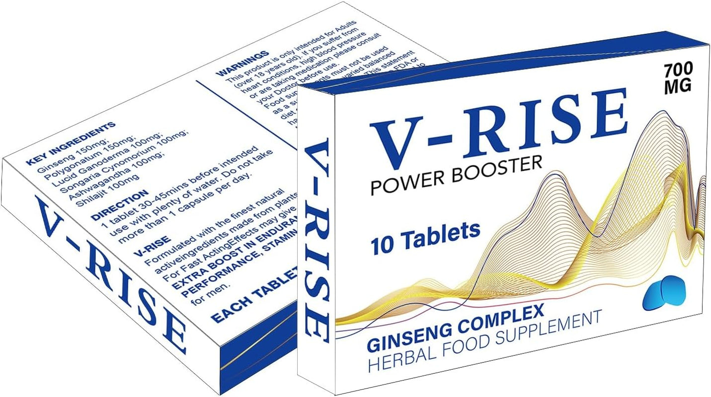 V-RISE Blue-New Stronger for Longer Formula for Men - Ultra Strong Performance Enhancing Pills, Stamina Endurance Booster Blue Supplement Pills for Men - 10 Ginseng Tablets 700MG