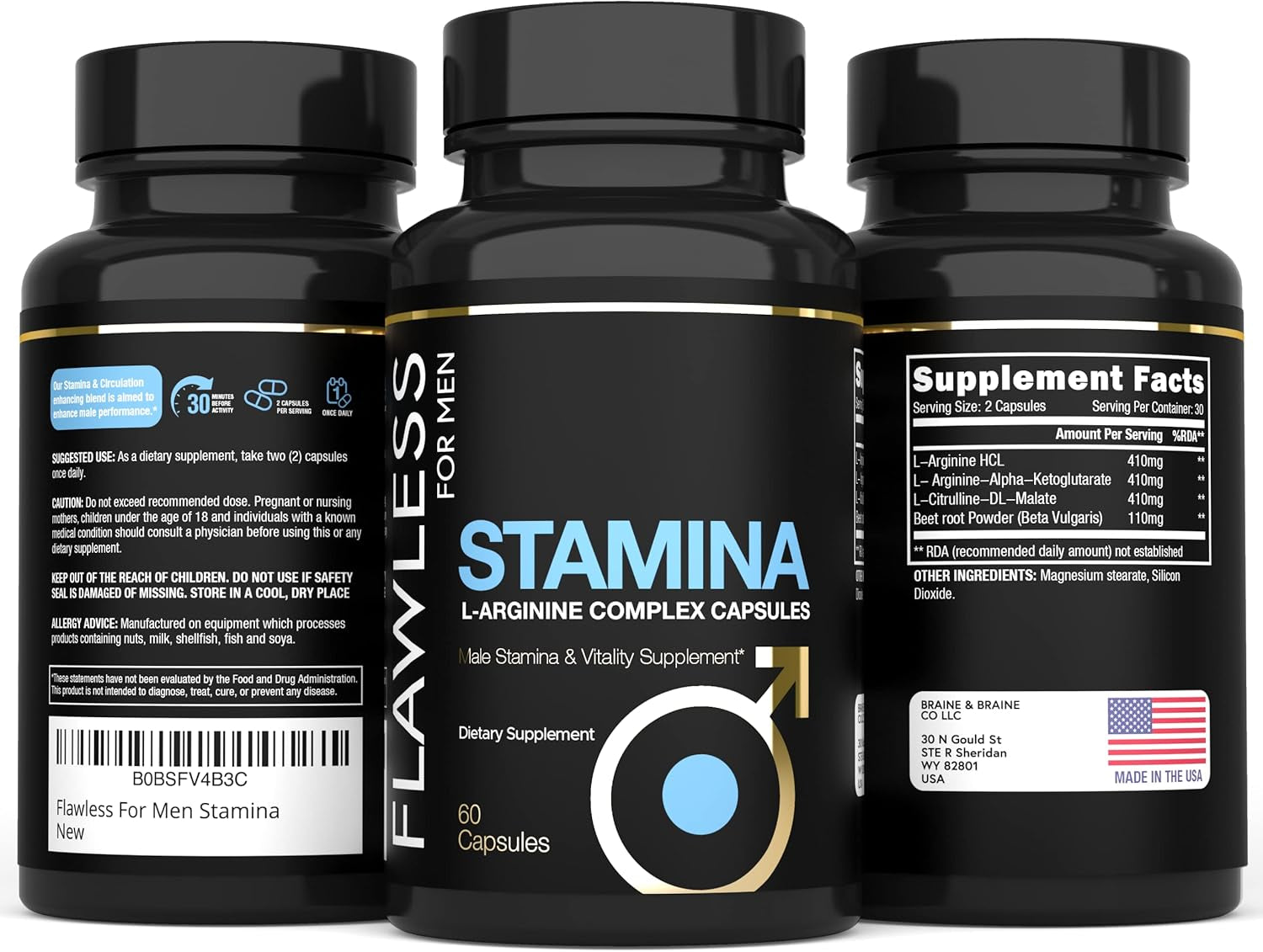 Stamina | L-Arginine, L -Citrulline & Nitric Oxide Supplement for Men | Promotes Male Vitality, Blood Flow and Endurance | 60 Capsules