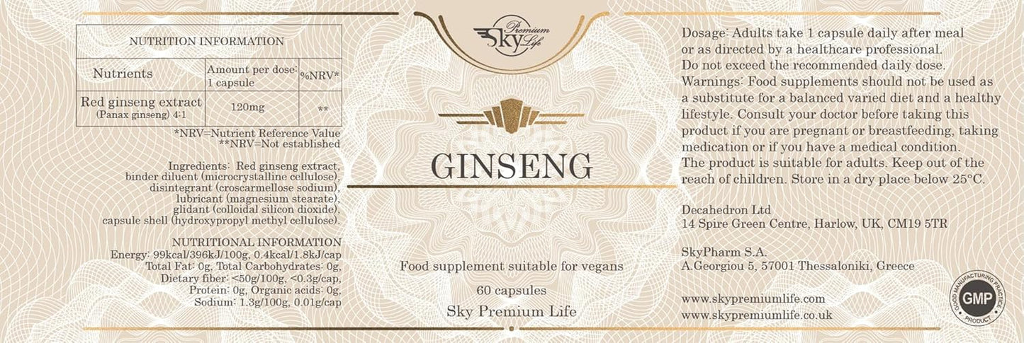 Sky Premium Life Ginseng Capsules - 60 Korean Red Ginseng for Men and Women for Vitality | Panax Ginseng High Strength in Highly Concentrated 4:1 Extract | 2 Months Supply