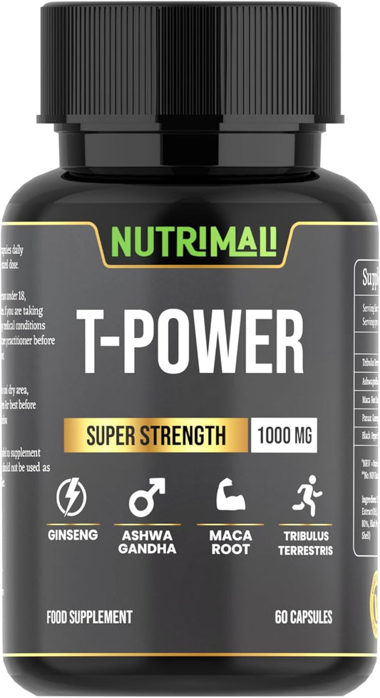 Nutrimali T-Power (Testo Supplement) | Ginseng, Maca, Tribulus Terrestris, Ashwagandha | 60 Capsules 1000Mg High Strength | Gym Supplements for Men, Energy, Stamina Booster