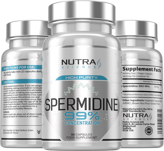 Spermidine 99% Concentration | 100X More Potent than Wheat Germ Spermidine Supplements | 90 Vegan Spermidine Capsules 10Mg Serving Highest Purity in the UK