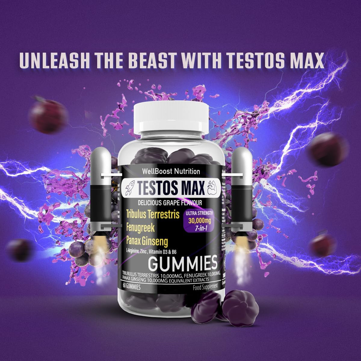 Testos MAX Strength Gummies, 30,000Mg (7In1) Tribulus Terrestris, Fenugreek, Panax Ginseng Extracts, L-Arginine, Zinc, Vitd3 and Vitb6, Delicious Vegan, Sugar Free for Adults with Grapes Flavour.