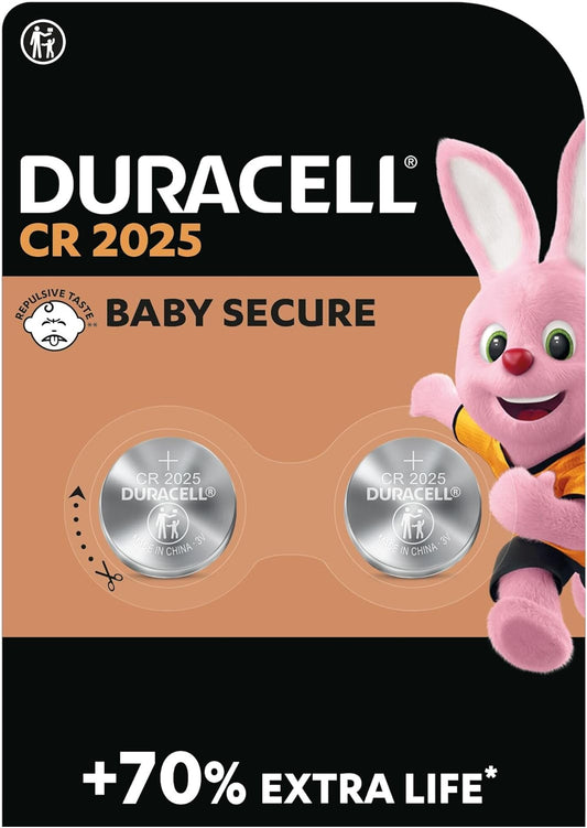 DURACELL 2025 Lithium Coin Batteries 3V (2 Pack) - up to 70% Extra Life - Baby Secure Technology - for Use in Key Fobs, Fitness Watches and 3D Glasses - Baby Secure Packaging