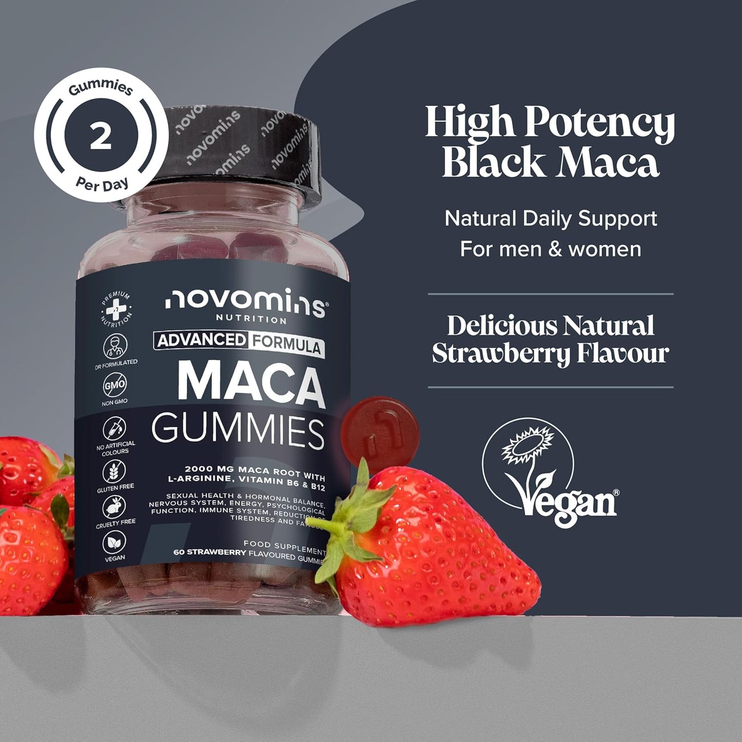 Maca Root Gummies 2000Mg (High Strength) - 100% Peruvian Maca Supplement for Men and Women- L-Arginine, Vitamin B12 & B6-60 Vegan Strawberry Chews - Tastier than Tablets & Capsules