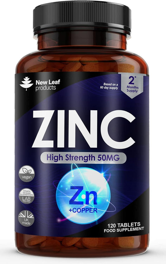 Zinc 50Mg High Strength - Zinc Tablets with Copper, Pure Zinc Supplements Contributes towards the Immune System, Bone Health and Fertility, Vegan, Non-Gmo, Made in UK by New Leaf 120 Tablets