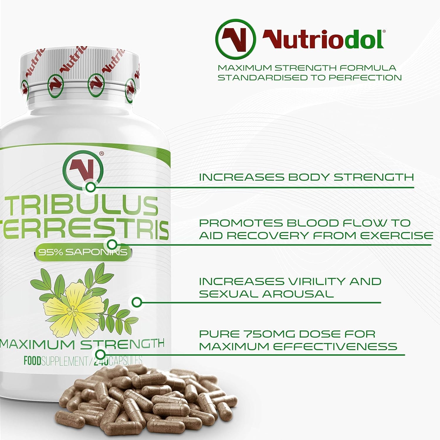 Nutriodol High Potency Tribulus Terrestris 750Mg Capsules | 240 Easy to Swallow Supplements | 4 Months Supply | 95% Saponins | Boost Performance for Men and Women