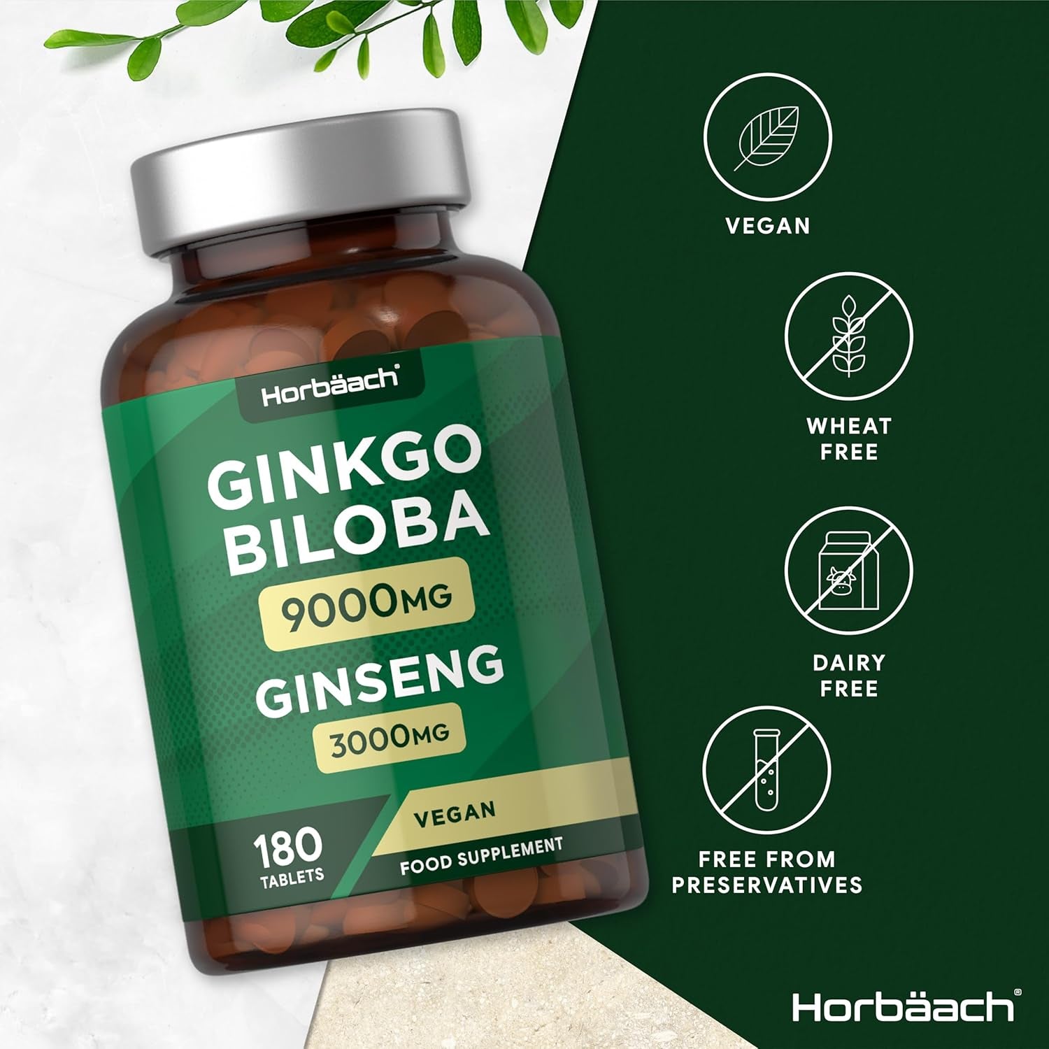 Ginkgo Biloba and Ginseng Tablets | High Strength | Ginkgo 9000Mg & Korean Ginseng Root 3000Mg | 180 Vegan Tablets | by Horbaach