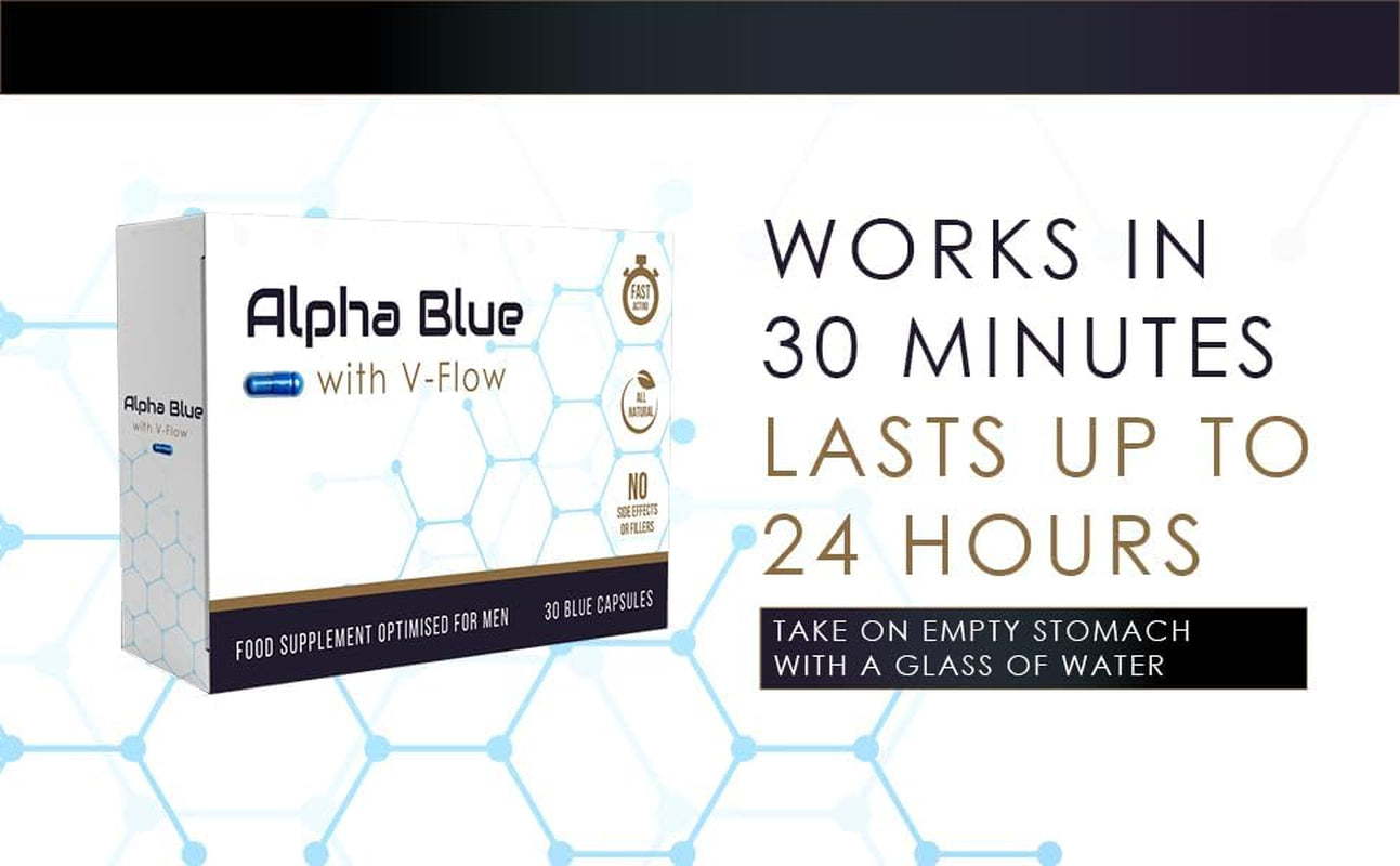 Alpha Blue with V Flow | Optimised for Men | 30 Capsules | Fast Acting | All Natural | No Side Effects or Fillers | Ginseng | Ashwagandha | Maca | Ginger | V Pill