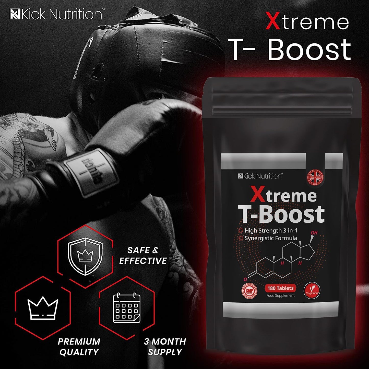 T-Boost for Men - Testosterone Supplements - 180 Vegetarian Tablets - Strength Energy & Performance - Made in the UK