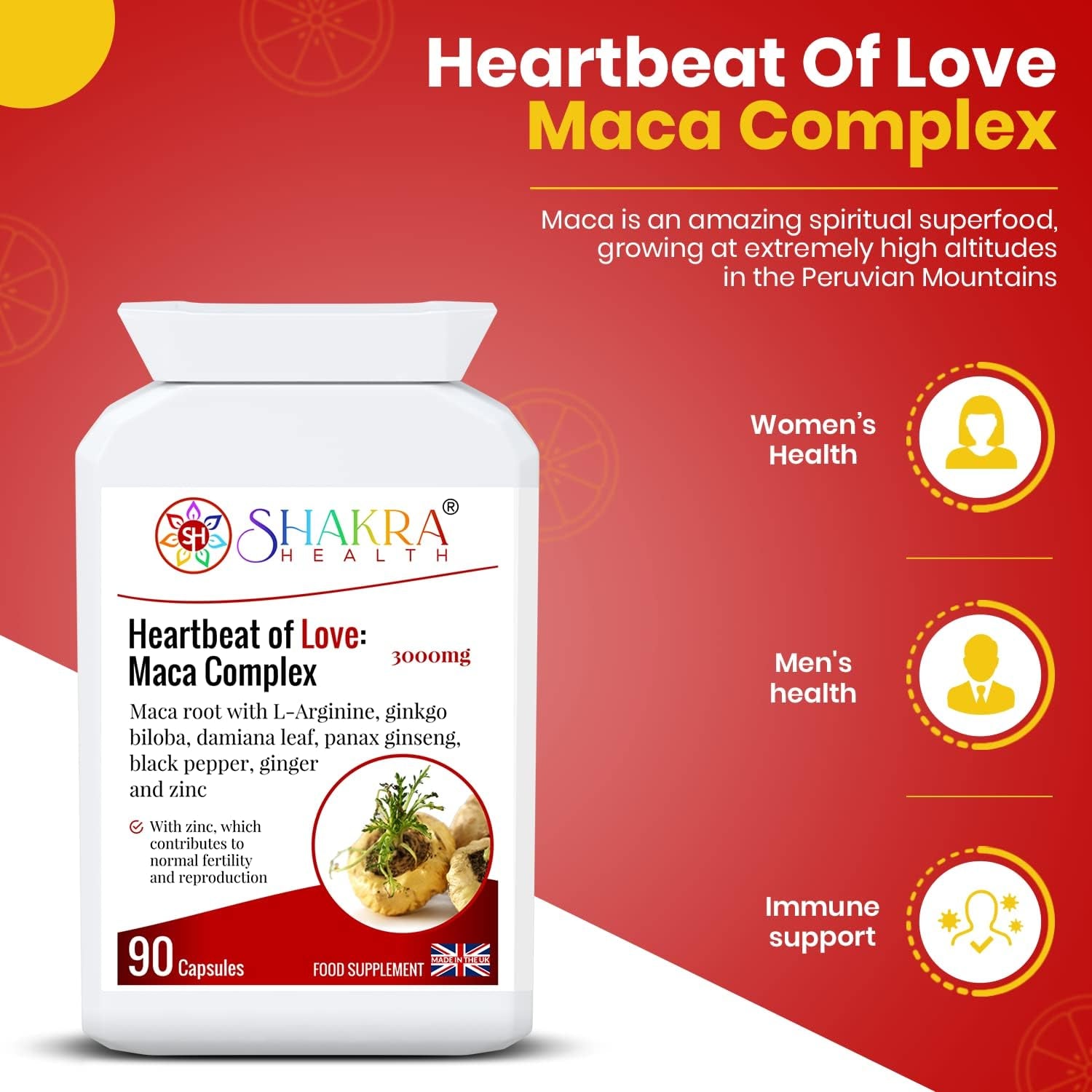 Heartbeat of Love: Maca Complex. 90 Capsules to Relieve Premenstrual Syndrome, Increase Intimate, Dysfunction, Drive, Energy, Stamina for Men & Women | Shakra Health