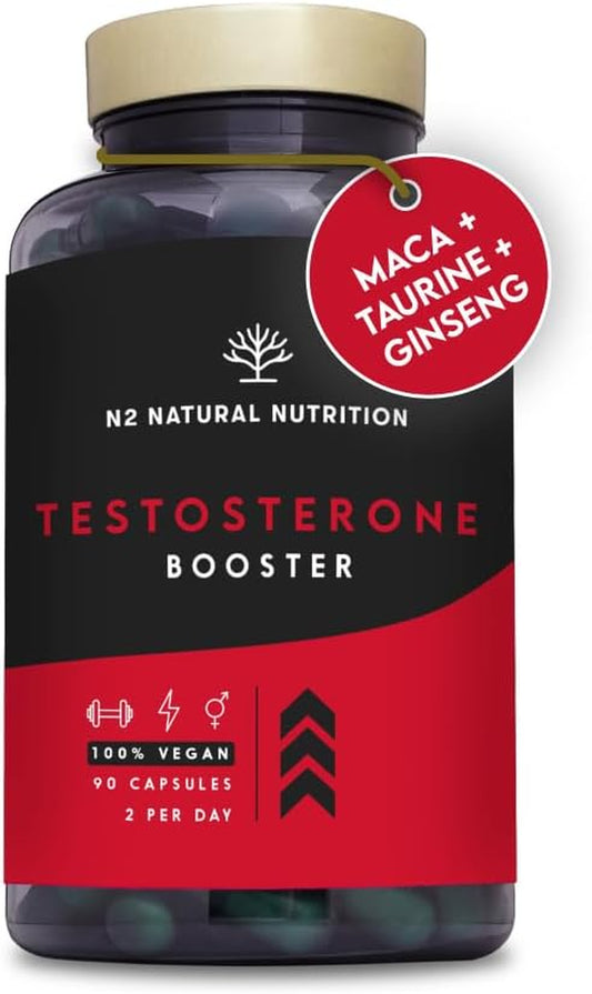 Testosterone Supplements for Men. Contributes to Normal Testo Levels | Maca, Fenugreek, Ginseng, B6, Taurine, Zinc, Black Pepper for Muscle & Energy Booster. 90 Capsules. Vegan N2 Natural Nutrition