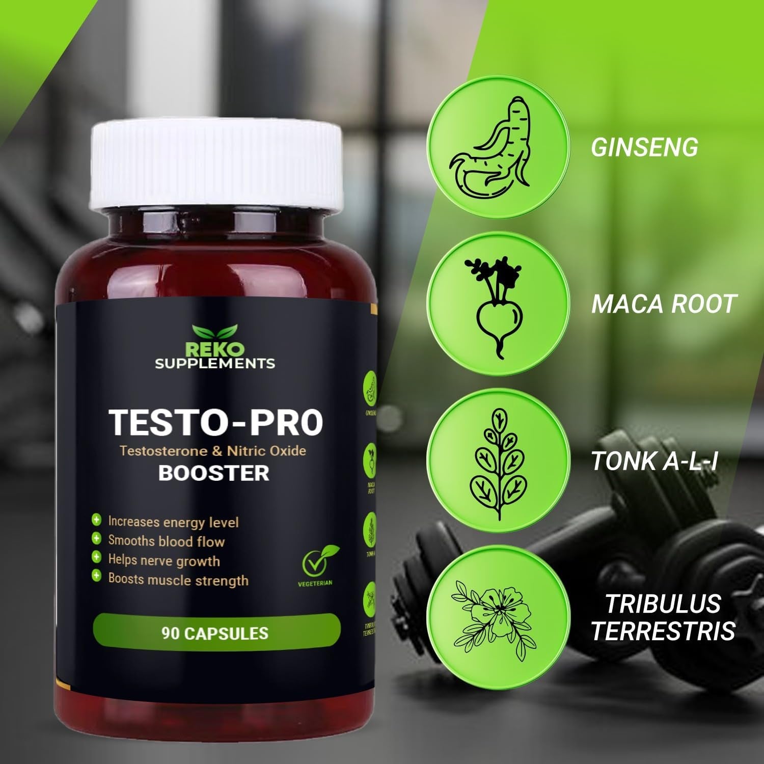 Reko Supplements Testopro 90 Capsules, Maca, Ginseng, Tribulus, Muira Puama, L-Arginine, L-Taurine, Mens Supplements, Nitric Oxide Booster,Supplements for Men