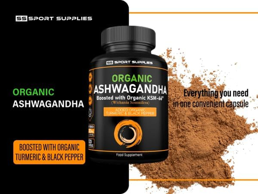 Organic Ashwagandha Capsules 1200Mg Boosted with 100Mg of Organic KSM-66 with 5% Withanolides with Added Organic Turmeric 200Mg and Organic Black Pepper - Providing 1500Mg per Serving