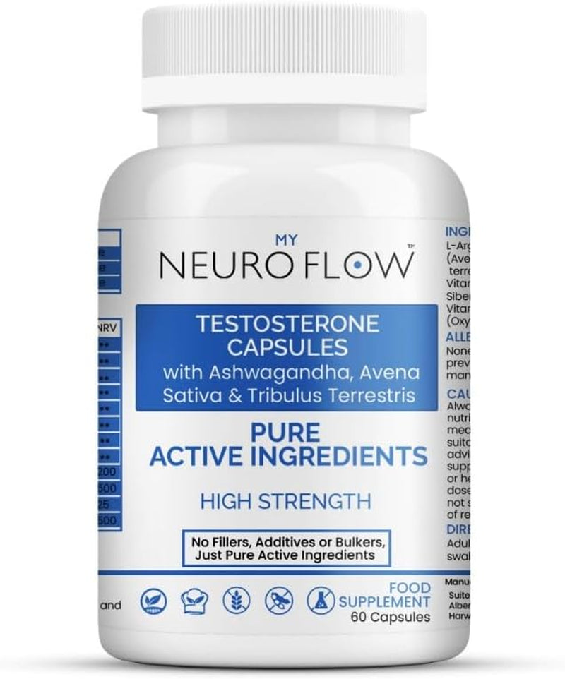 Testosterone Supplements for Men | No Fillers, Additives or Bulkers, Pure Active Ingredients | Neuro Flow Powerful Testosterone Booster with Avena Sativa & Tribulus Terrestris | 60 Cap | Made in UK