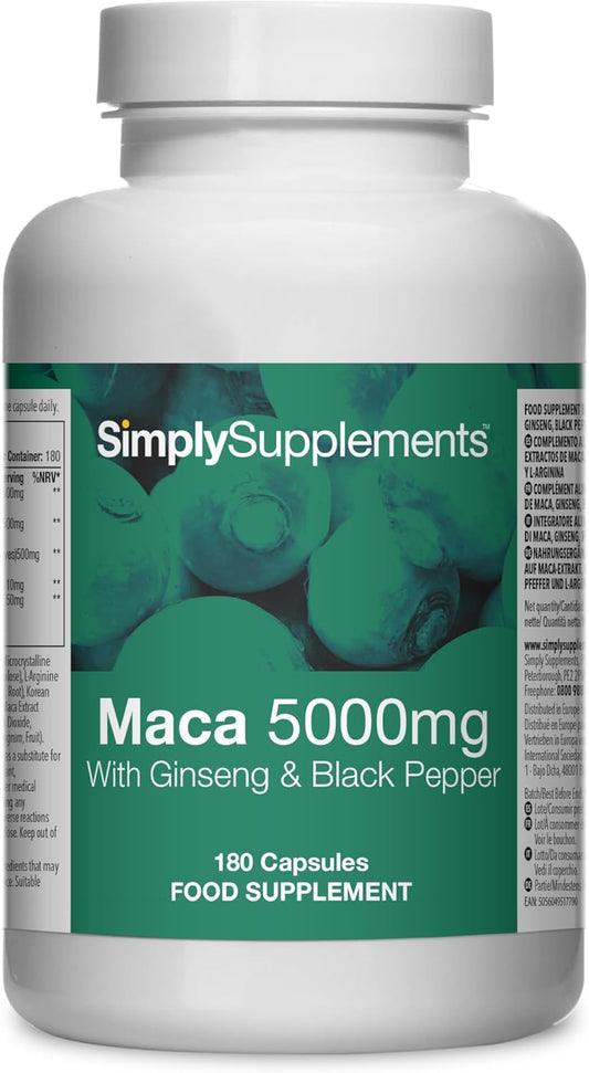 Maca Root 5000Mg | with Added Ginseng & Black Pepper | 180 Capsules | Made & Tested in the UK