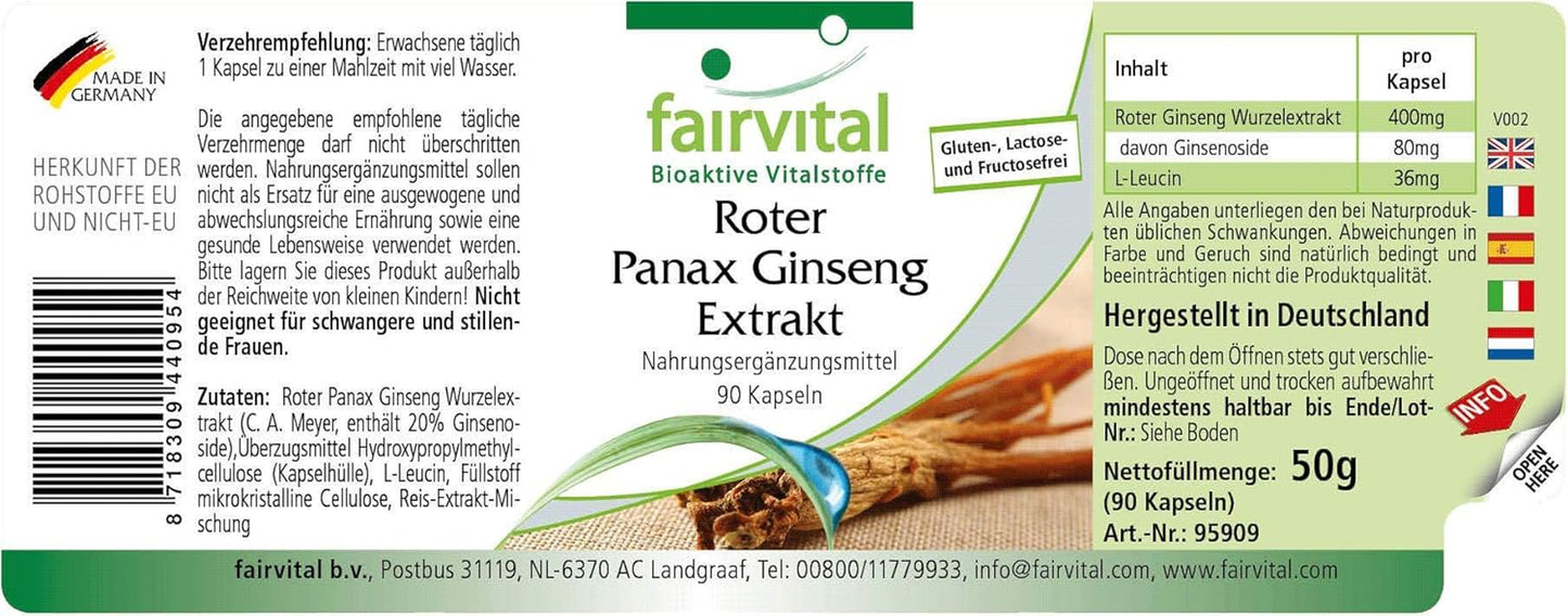 Fairvital | Red Panax Ginseng Extract 400Mg - Bulk Pack for 3 Months - Vegan - HIGH Dosage - 90 Capsules - C.A. Meyer