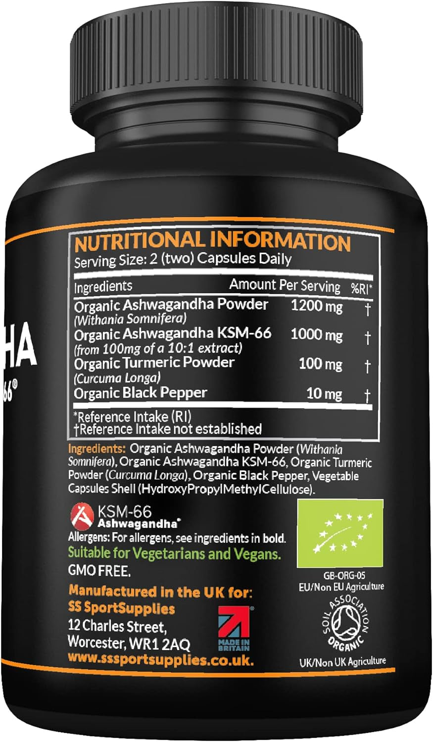 Organic Ashwagandha Capsules 1200Mg Boosted with 100Mg of Organic KSM-66 with 5% Withanolides with Added Organic Turmeric 200Mg and Organic Black Pepper - Providing 1500Mg per Serving