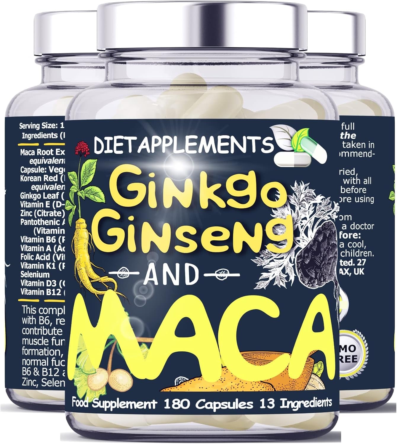 Maca Root 4000Mg, Ginkgo Biloba, Korean Red (Panax) Ginseng - 4256Mg - Vegan Capsules - Zinc, Vitamins D3, E, B5, B6, B12, A, K, Folic Acid, Selenium for Immune System & Hormonal Activity. 1 Bottle