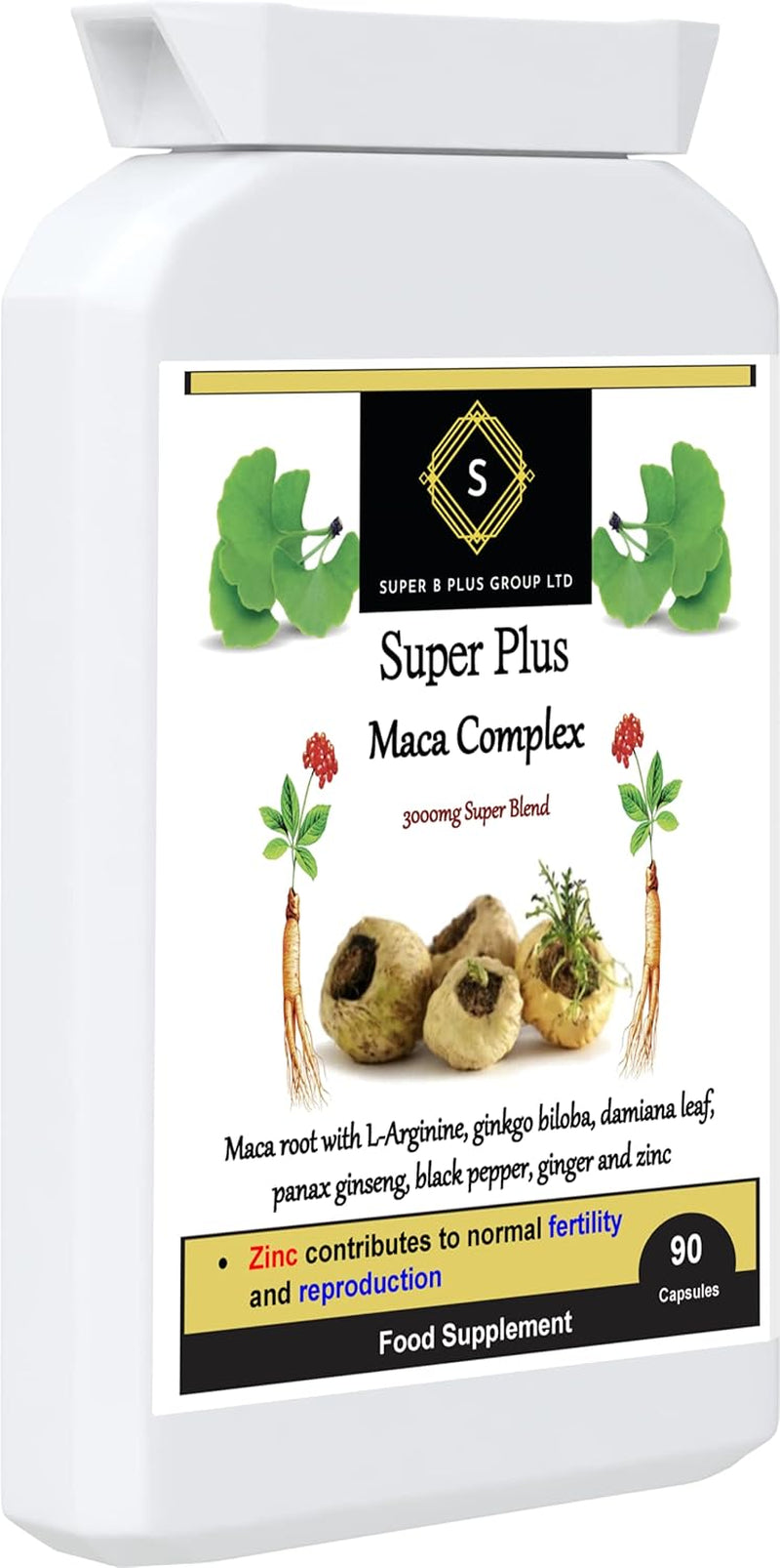 Super plus Maca Complex with Ginkgo Biloba Panax Ginseng Ginger Root Sexual Health Fertility Reproduction Women & Men Health Vegetarian Vegan Gluten Free Dairy Free Supplement 90 Capsules