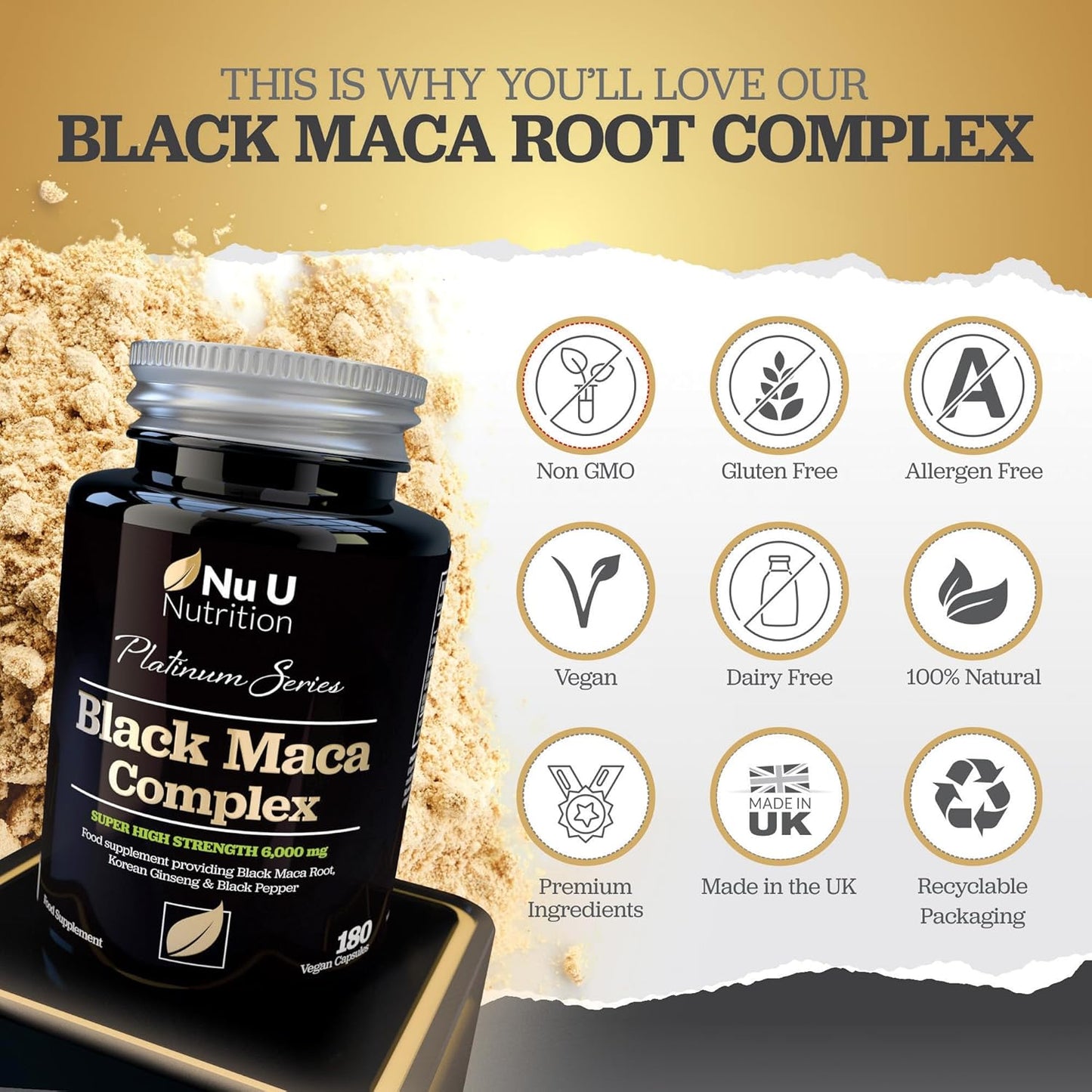 Maca Root 6000Mg - High Strength Complex with Black Peruvian Maca, Korean Panax Ginseng & Black Pepper - 180 Vegan Capsules - 6 Month Supply - Capsules Not Tablets