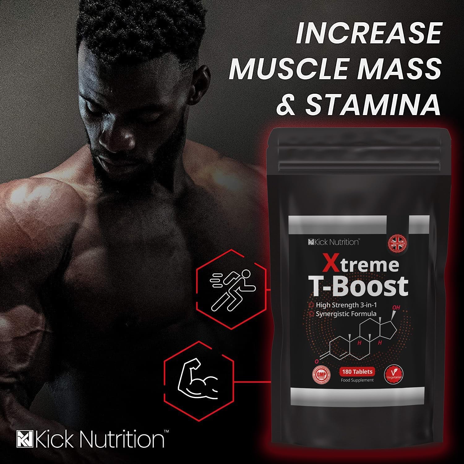 T-Boost for Men - Testosterone Supplements - 180 Vegetarian Tablets - Strength Energy & Performance - Made in the UK