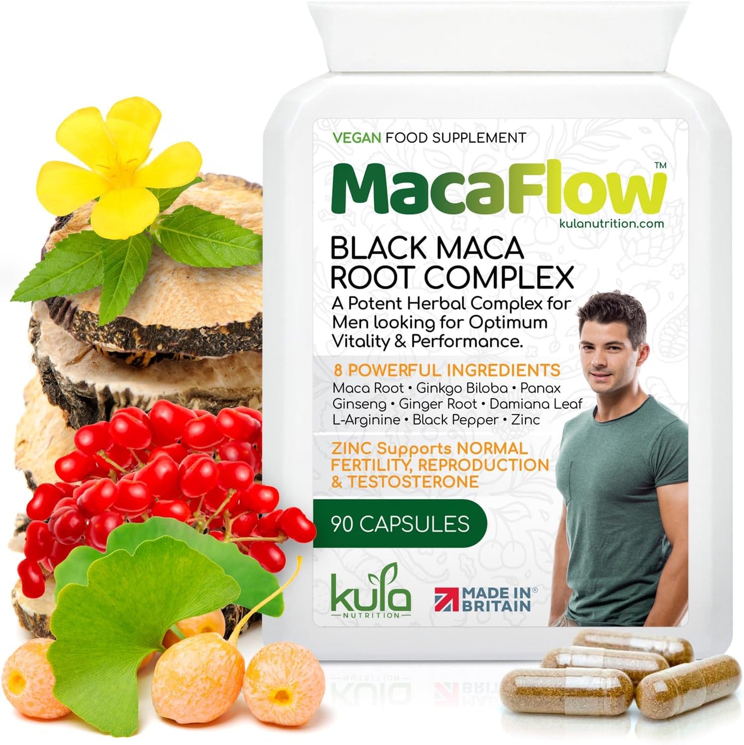 Macaflow – Black Maca Root Complex for Men - Ginkgo Biloba, Panax Ginseng, L-Arginine, Damiana Leaf Extract, Black Pepper and Zinc for Normal Fertility - 90 Vegan Capsules (Not Tablets)