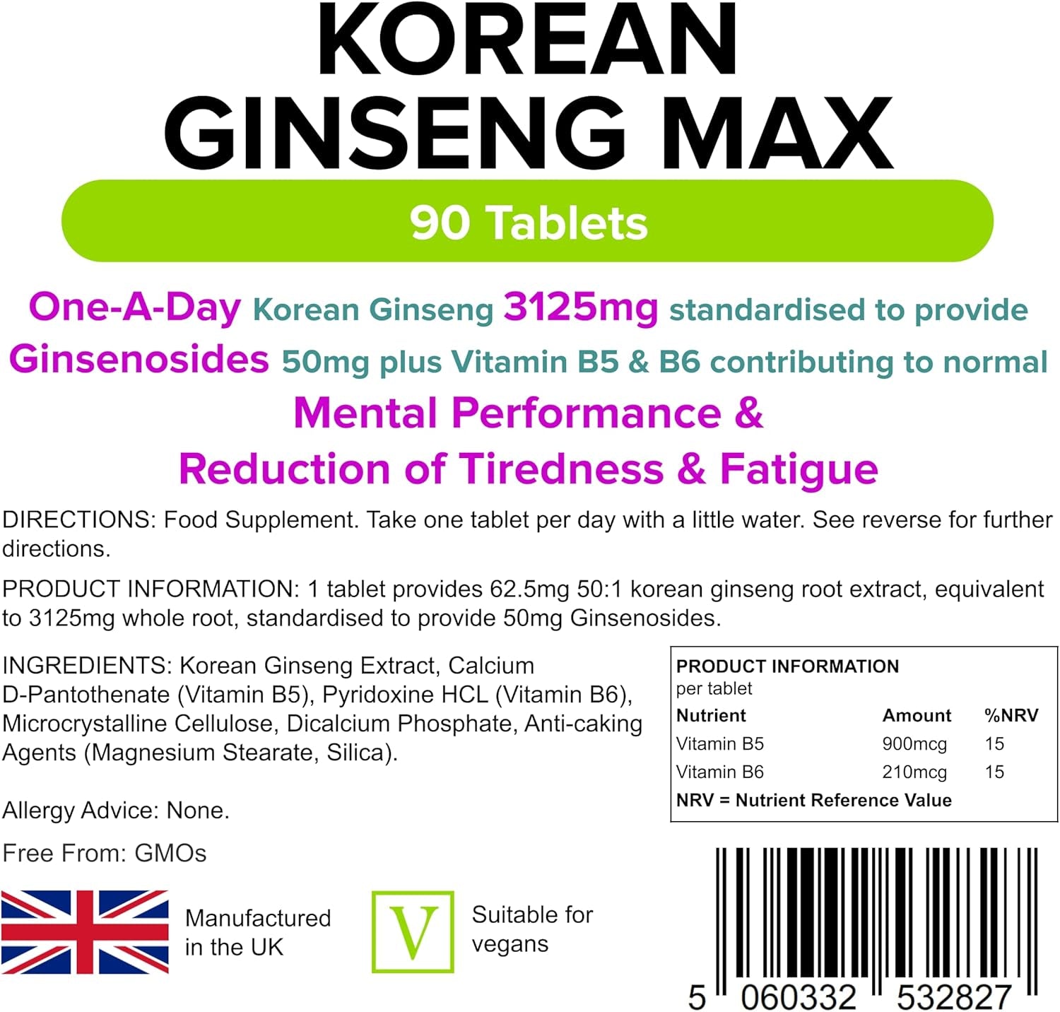 - Korean Ginseng Max 3125Mg - 90 Tablets - 1-A-Day - UK Made - Vitamin B5 & B6, for Normal Mental Performance, Reduction of Tiredness & Fatigue - Letterbox Friendly, Vegan