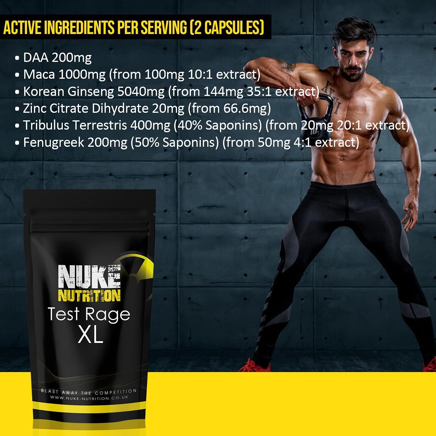 Nuke Nutrition Test Rage XL Testosterone Booster for Men | 60 Capsules | Anabolic Supplement to Enhance Male Testosterone Levels | Boost Lean Physique, Muscle Growth & Strength | Vegan & Easy Swallow