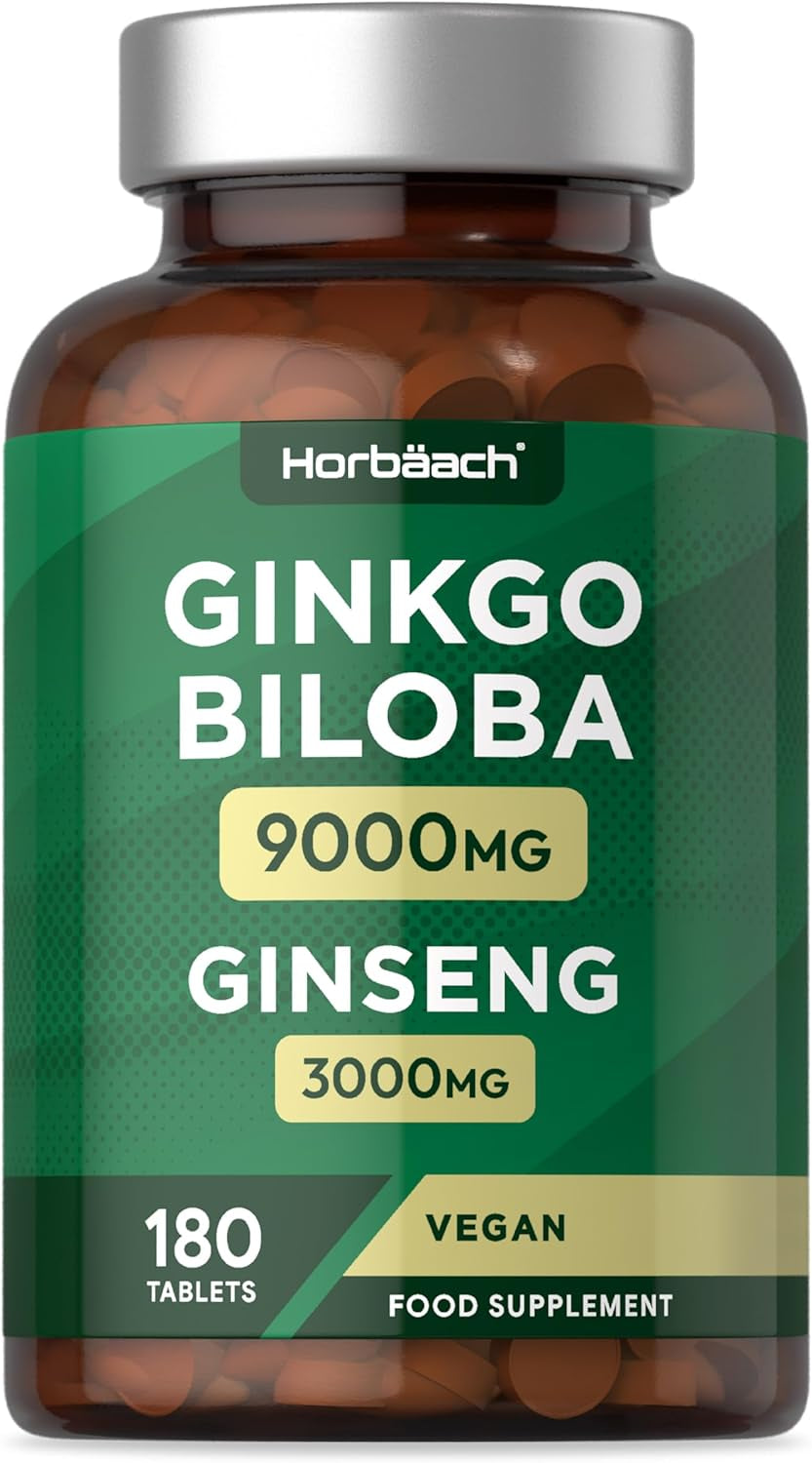 Ginkgo Biloba and Ginseng Tablets | High Strength | Ginkgo 9000Mg & Korean Ginseng Root 3000Mg | 180 Vegan Tablets | by Horbaach