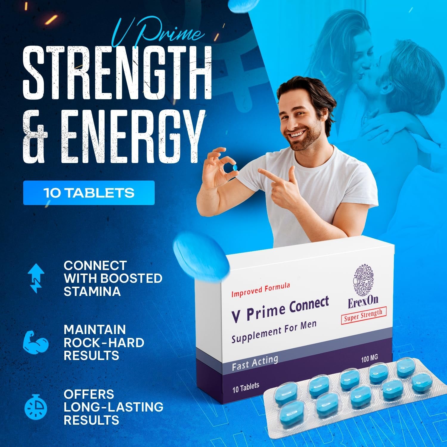 V Prime Connect 10 Tablets | 100Mg Herbal Supplement for Men | Men'S Vitality Support | Performance & Enhancement | Cordyceps Sinensis Ashwagandha Ginseng Maca Root Zinc