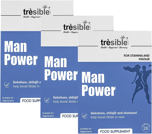 Trèsible Men’S Fertility Vitamins | Man Power 84 Tablets | Ashwagandha, Shilajit | Antioxidant, Sperm Health, Immunity | Vegetarian, Gluten Free, Halal | Pack of 3 (28 Tabs per Pack)