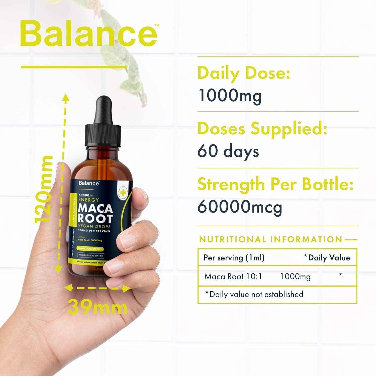 Maca Root Supplement Liquid Drops - High Strength of 60,000Mg per 60Ml Bottle at 4X Concentration - Vegan - 2 Month Supply of Premium Maca Root Extract - 60 Servings - Made in UK by Balance