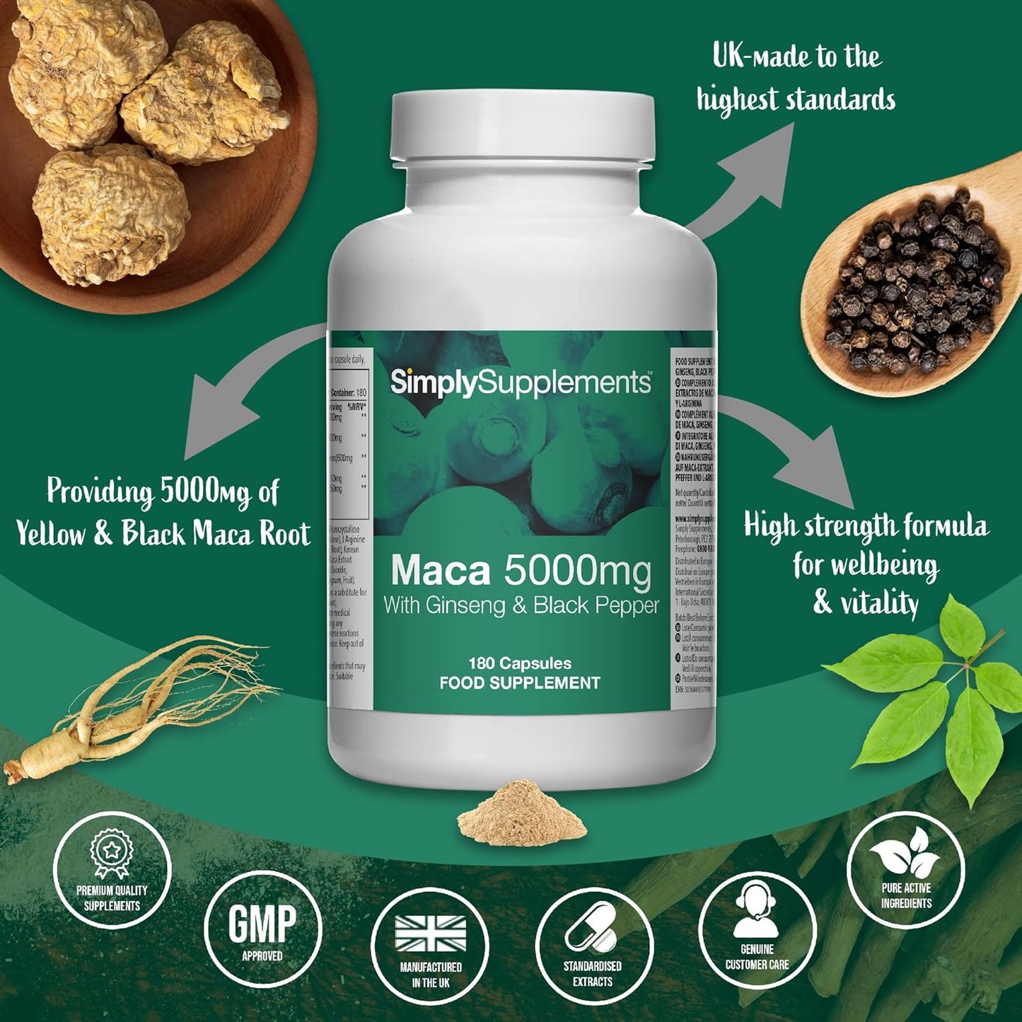 Maca Root 5000Mg | with Added Ginseng & Black Pepper | 180 Capsules | Made & Tested in the UK